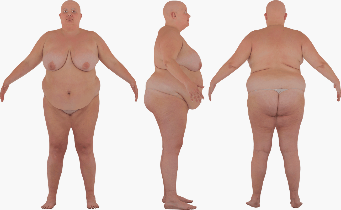 PBR texture map set for a fuller-figured female 3D scan including albedo, normals, specular and metalness maps